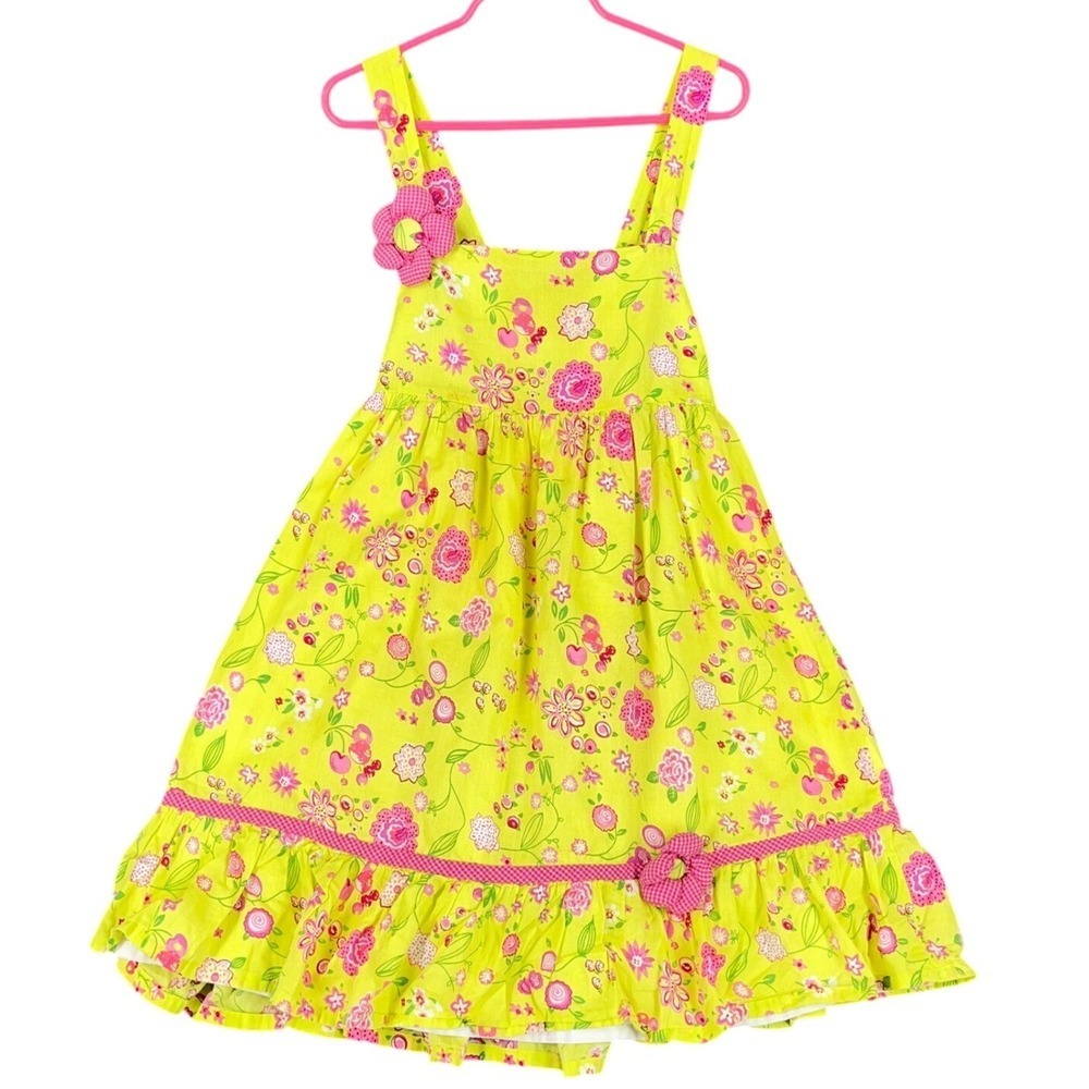 Vintage Orient Express Floral Sun Dress Ruffle Hem Applique Flower Yellow 6 Girl